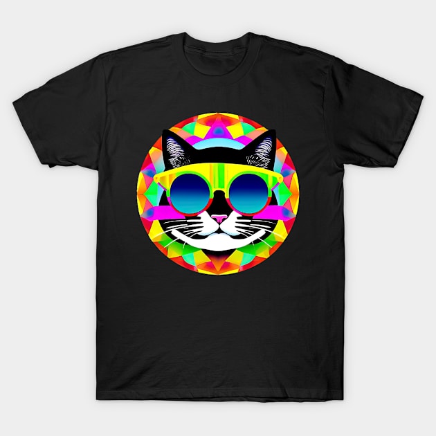 Funny Cat In Sunglasses Colorful Mandala T-Shirt by funfun